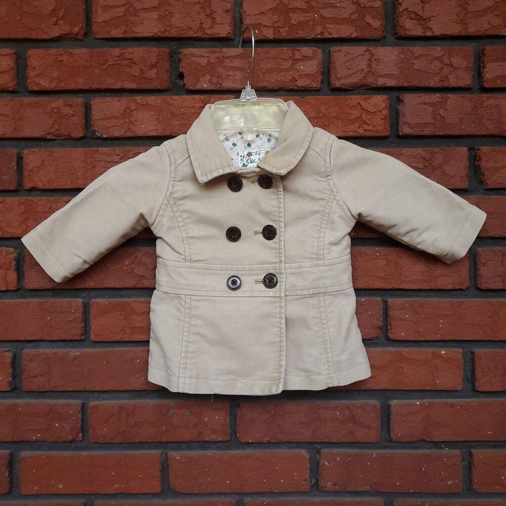 Vintage Baby Pea Coat 6-12m Khaki Double Breasted Lined Pockets Classic Retro